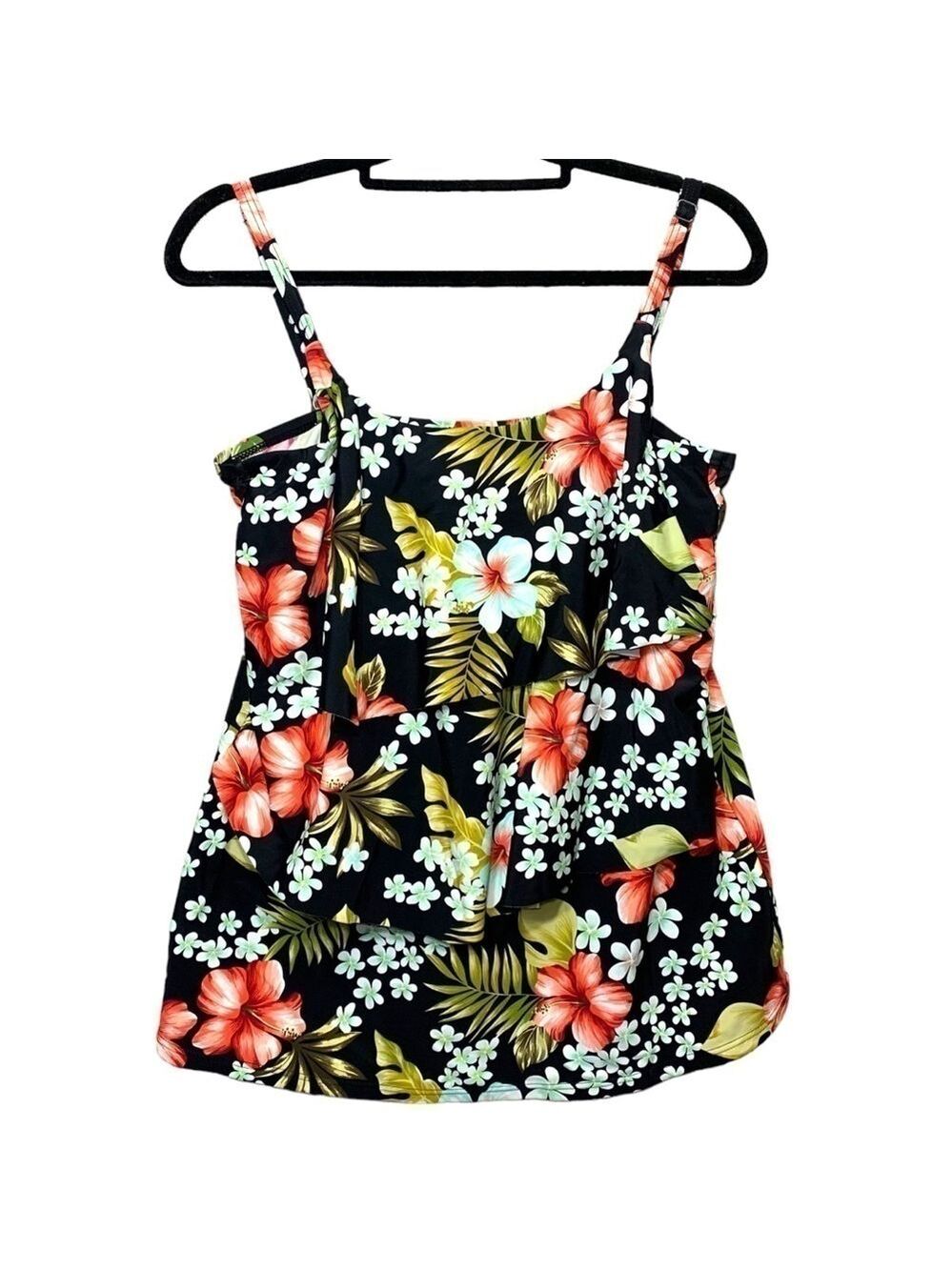 Island Pearl Black Floral Tankini Top Sz 16 Layered Wirered Bra Ajustable Strap